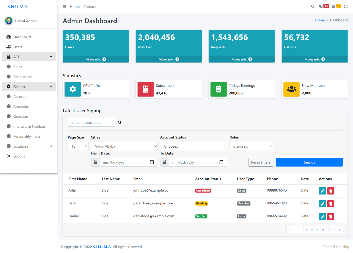 UI showing admin page with open menu showing menu options - Desktop View