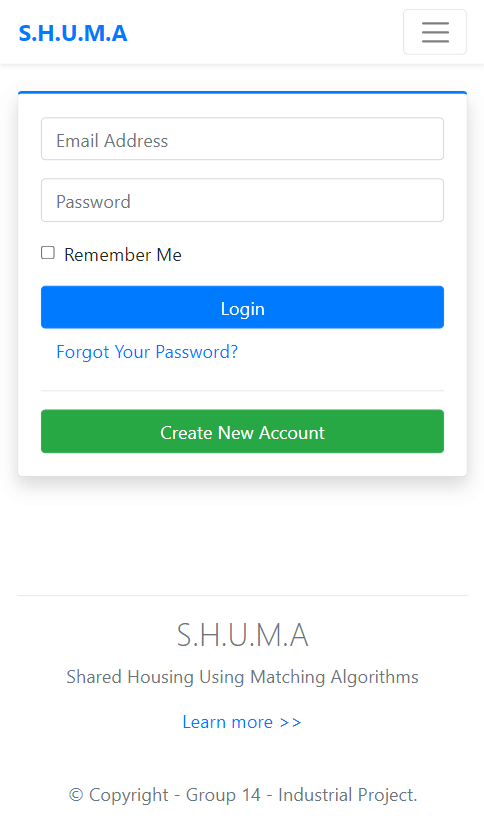 UI showing login page - mobile view