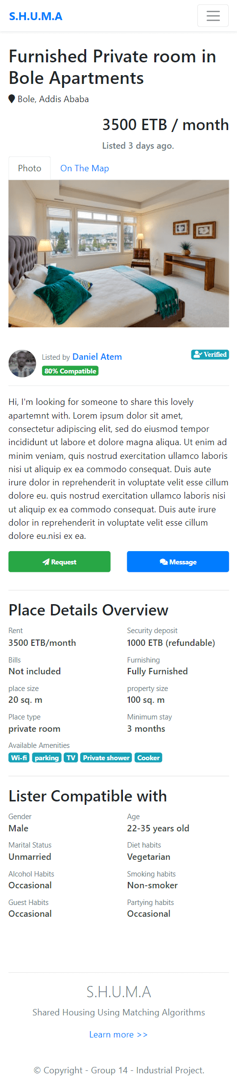 UI showing place profile page - mobile view