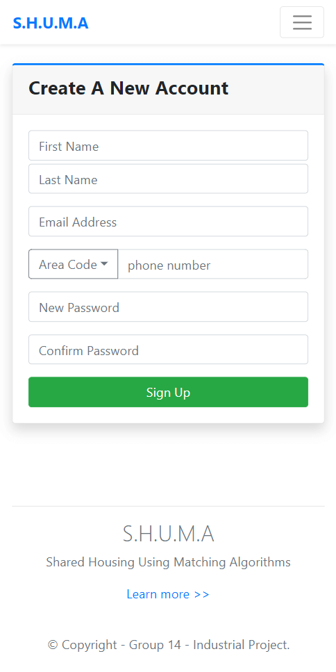 UI showing signup page - mobile view