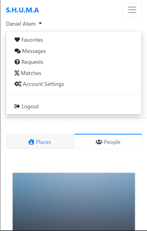 UI showing user page dropdown menu - mobile view